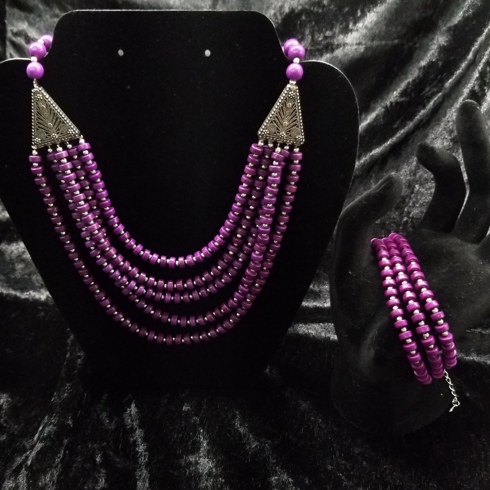 NEW Gunmetal Tone w/ Purple Howlite Beads Set